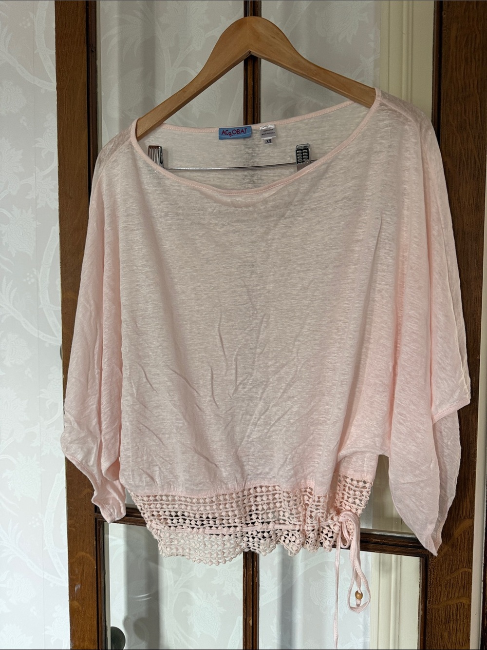 Acrobat linen Light Pink Cropped Batwing Top with Crochet Hem